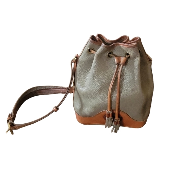 Dooney & Bourke 80's Taupe and Brown AWL Pebble Grain Drawstring Shoulder Bag - Picture 3 of 12